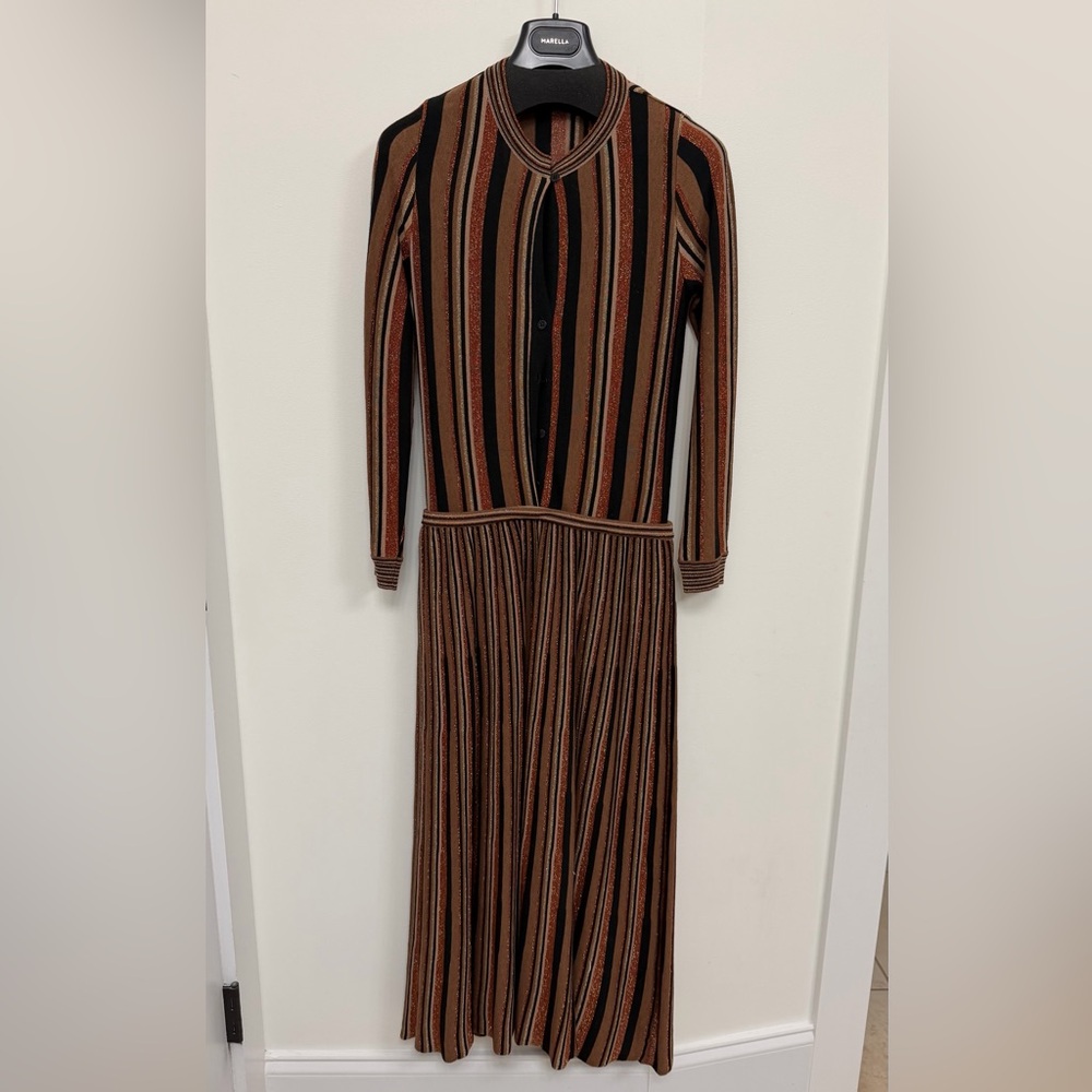 MARELLA Black and Brown Metallic Striped Long Sleeve Dress